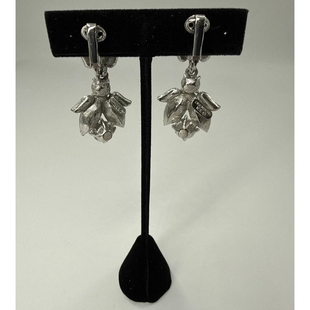 Vintage Eisenberg Ice Clip On Dangle Earrings Rhinestone Silver‎ Tone
